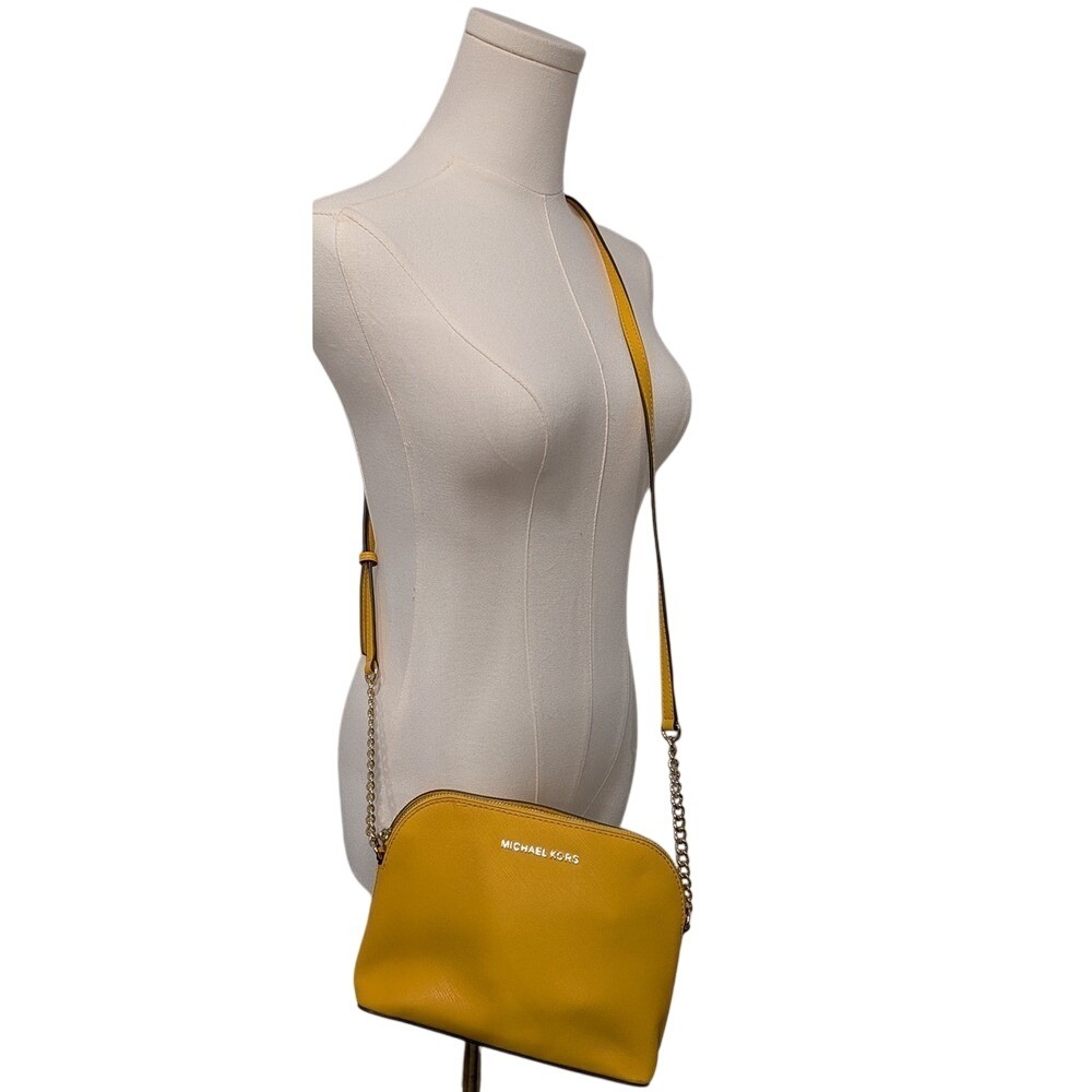 Michael Kors Yellow Leather Dome Crossbody‎ Gold Bag Chain Strap - Picture 3 of 11